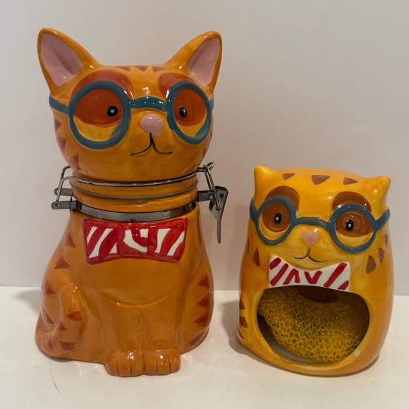 Boston Warehouse orange Tabby Smarty cat w/ glasses coffee sugar Scrubby Holder - Picture 1 of 16